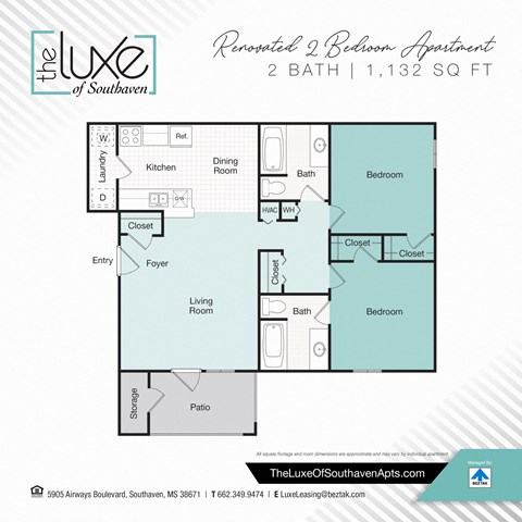 Floor plan for 2 beds, 2 baths, 1132 sqft